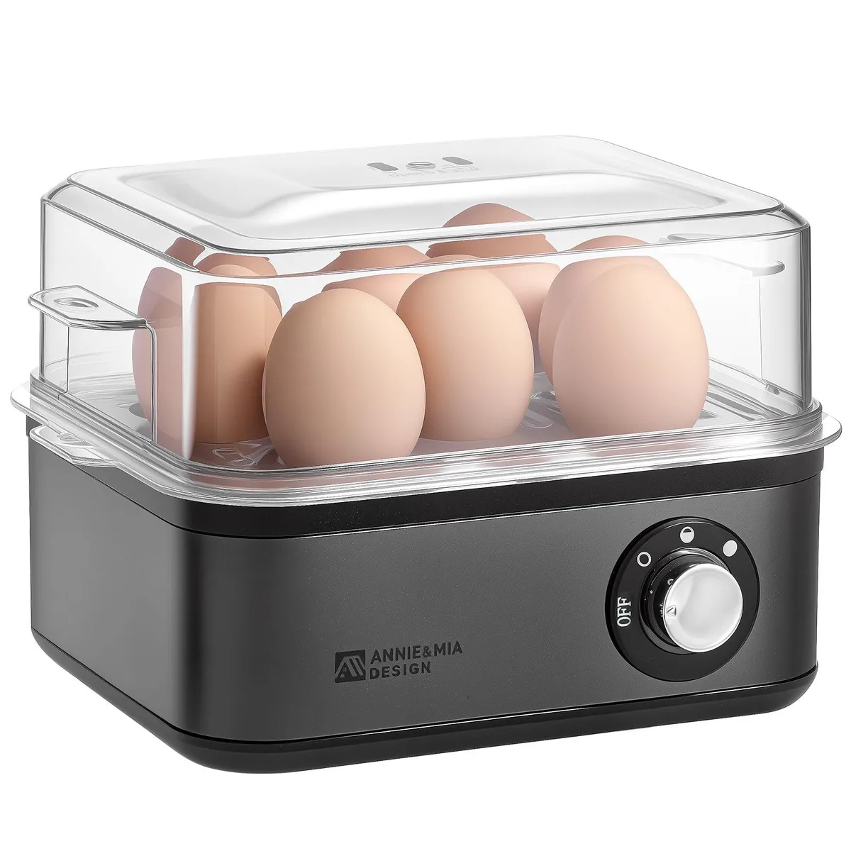 Black stainless steel electric egg steamer with transparent lid and control knob