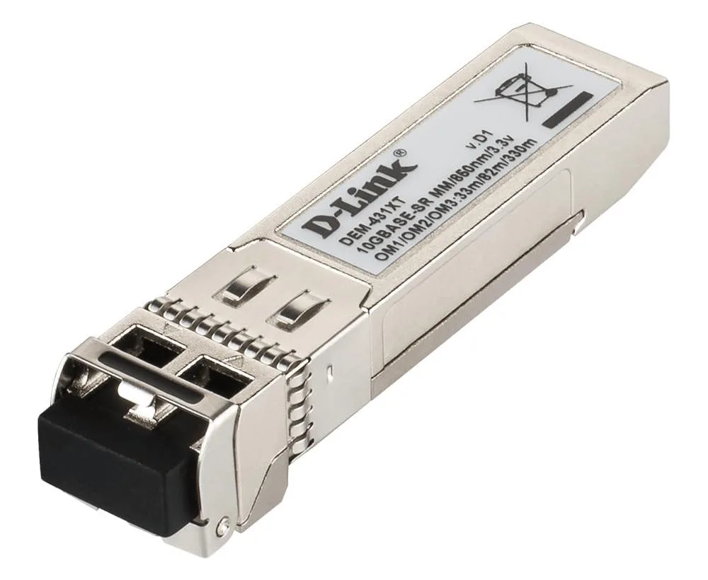 Small black SFP+ transceiver module with Duplex LC ports and silver bail latch