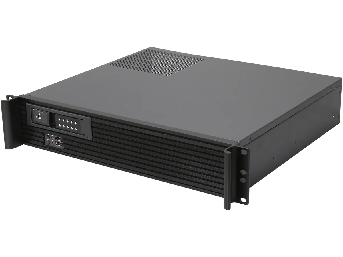 Black 2U rackmount server chassis with aluminium front bezel and single 3.5-inch hot-swap bay