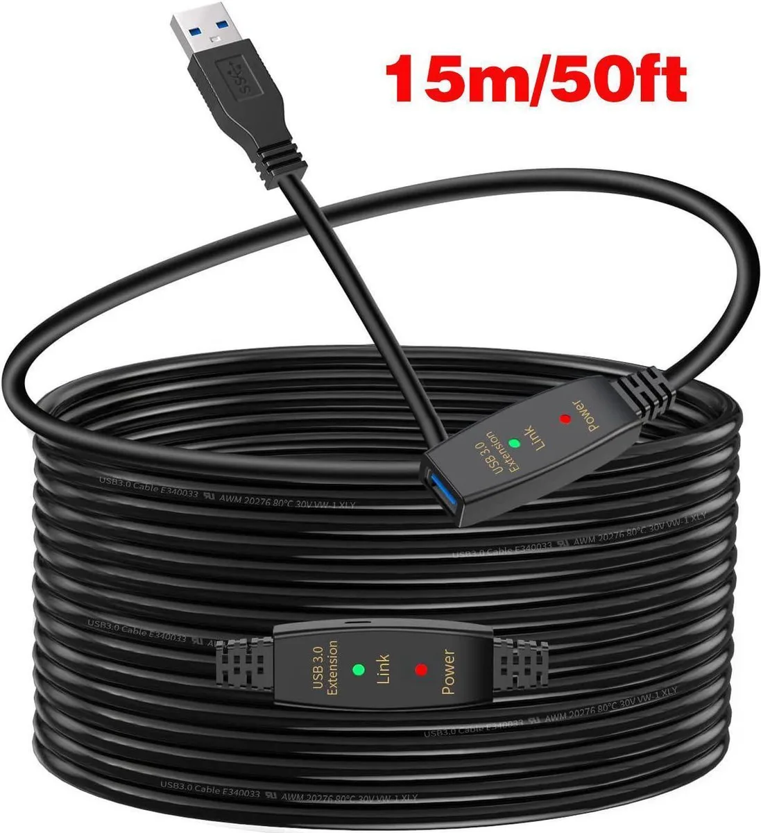 Black active USB 3.0 extension cable 33ft with A male to A female connectors and power adapter