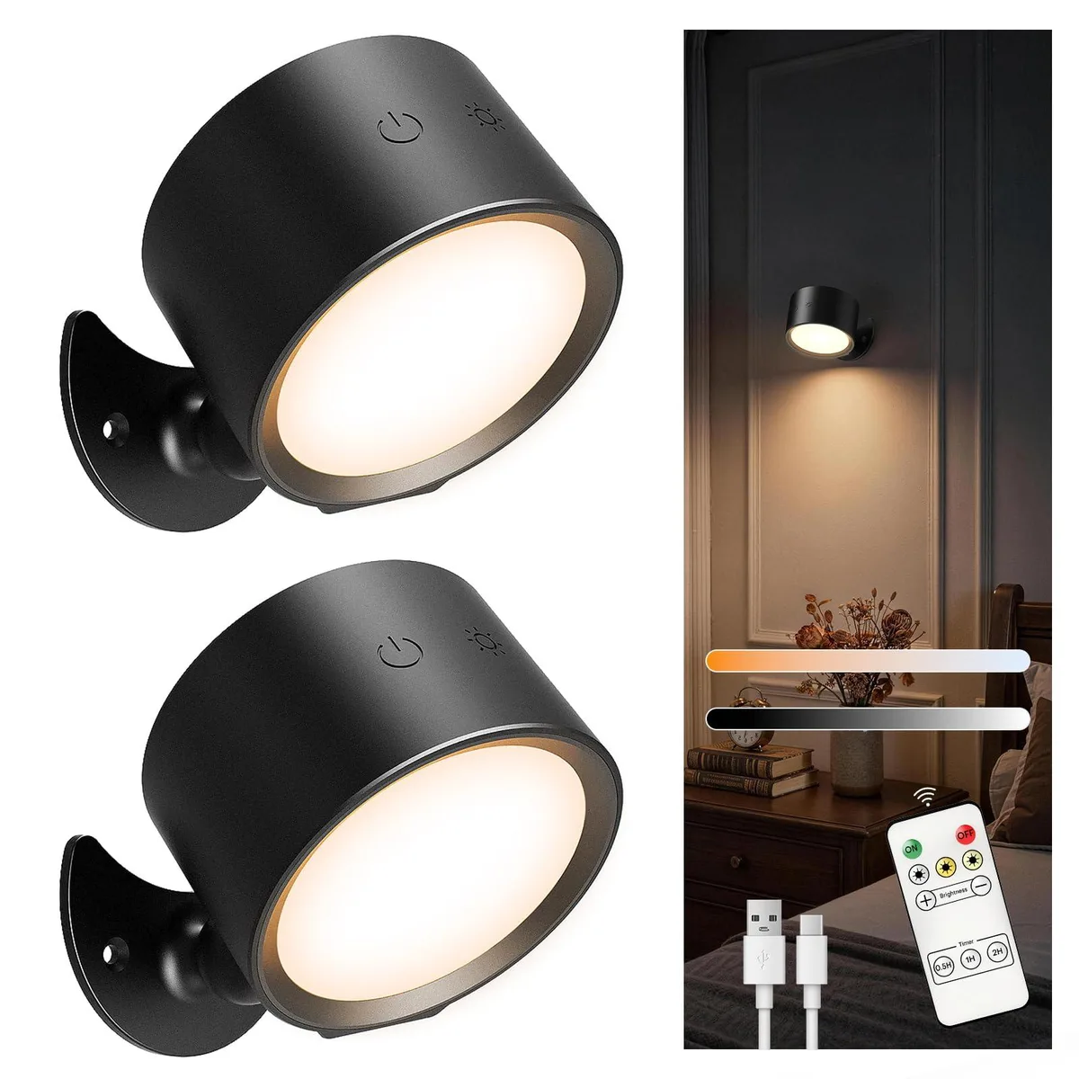 Two black rectangular LED wall lights with magnetic heads and USB-C ports