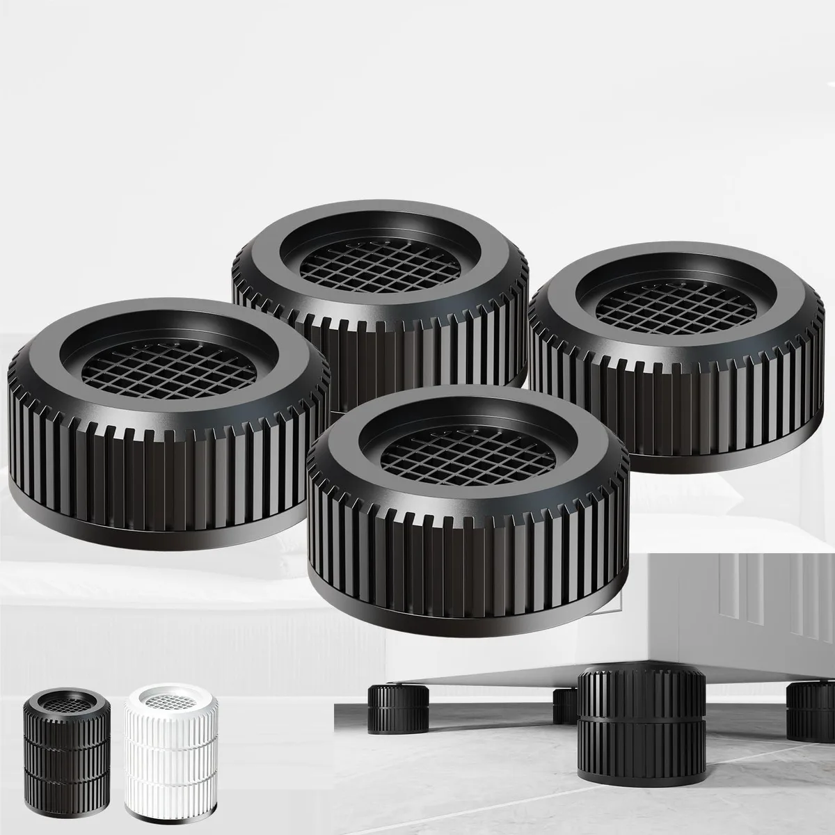 Four black round rubber pads 1.3 inches high