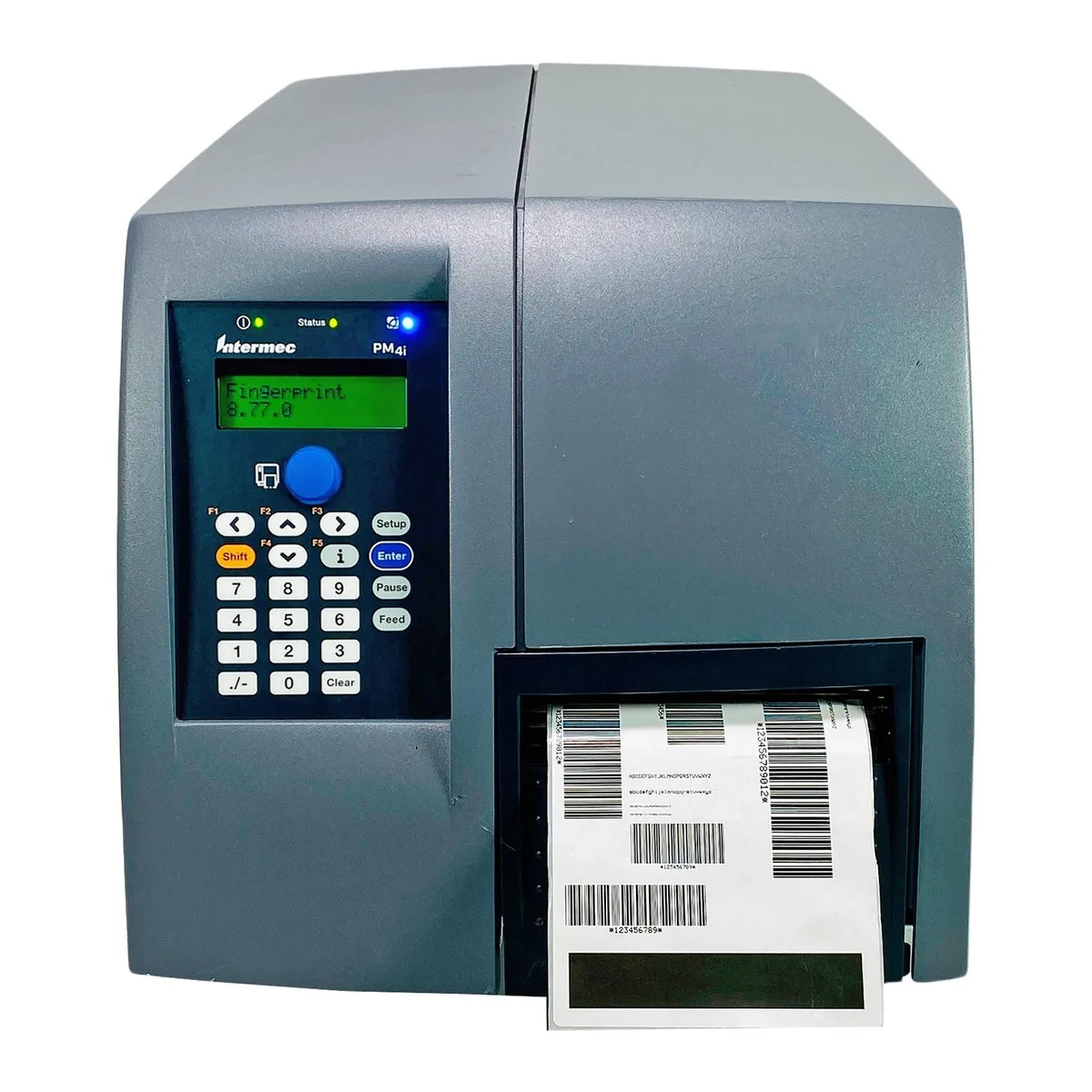 Rectangular industrial label printer in grey plastic housing with front media window and top control panel