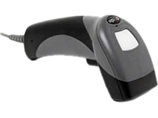 Dark gray handheld barcode scanner with coiled USB cable