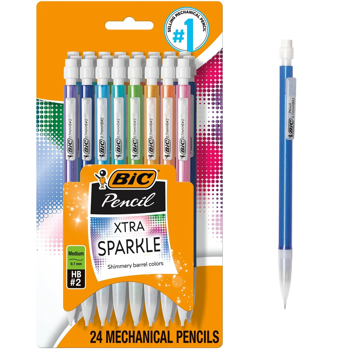 Clear plastic box holding 24 multicolour sparkle mechanical pencils 0.7 mm