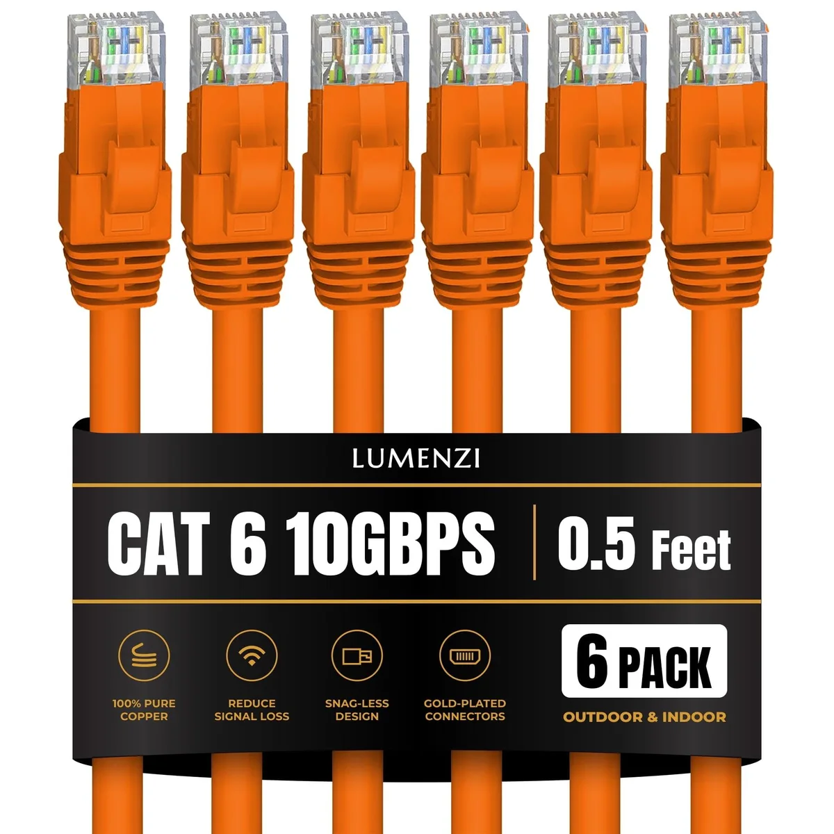 Lumenzi Lumenzi Cat 6 Ethernet Cable 0.5 ft Orange 6 Pack 10 Gbps 550 MHz — product photo