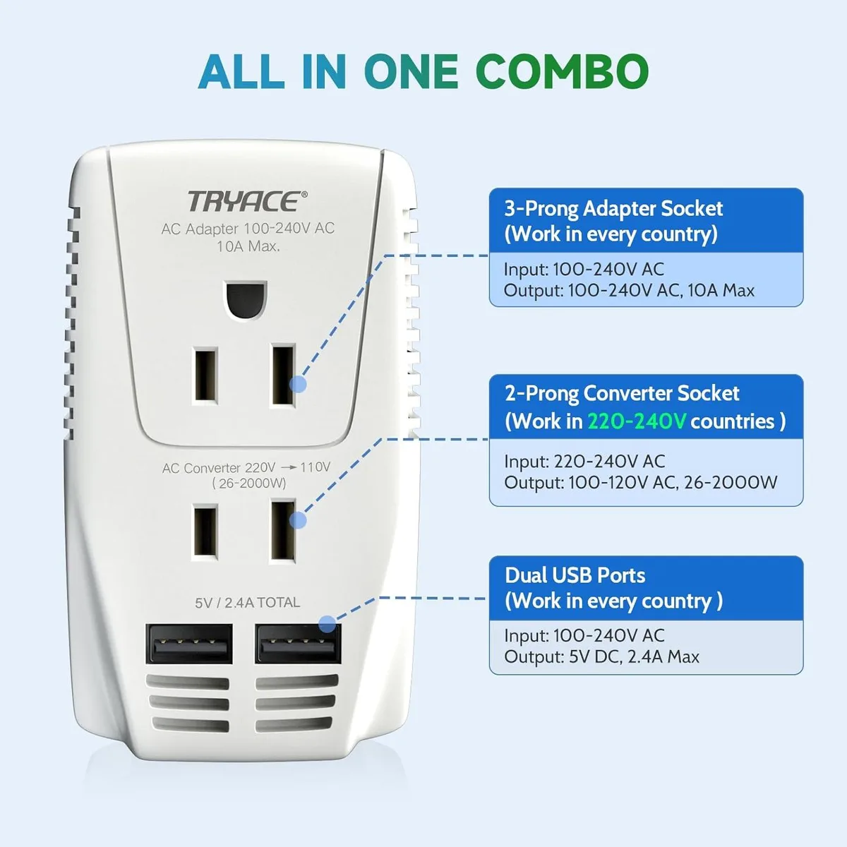 BFKK BFKK 220V to 110V 2000W Travel Voltage Converter White — product photo