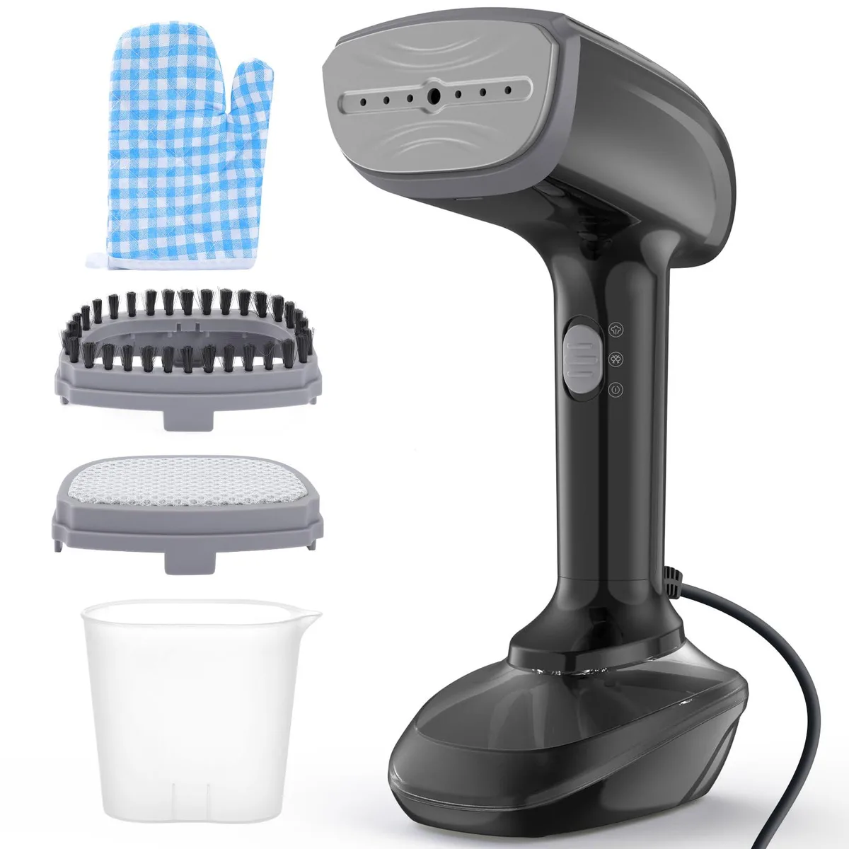 White handheld garment steamer with detachable water tank and fabric brush attachment