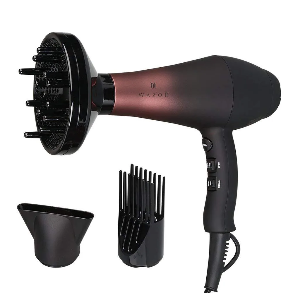 Black professional hair dryer with diffuser and comb attachments, matte finish, 1.65 lbs
