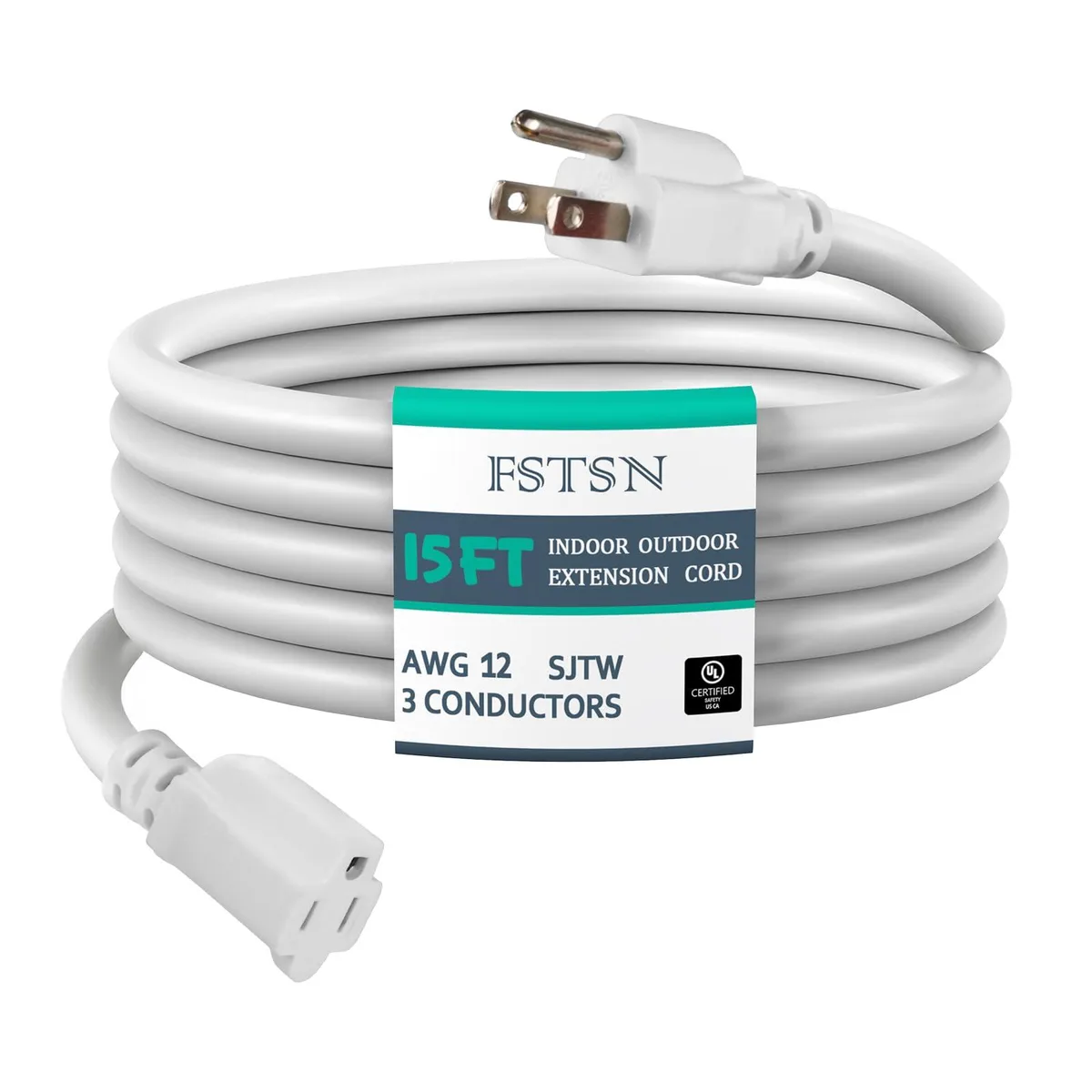  FSTSN DL-31B 15 ft 12/3 SJTW 15A 125V White Power Extension Cord — product photo