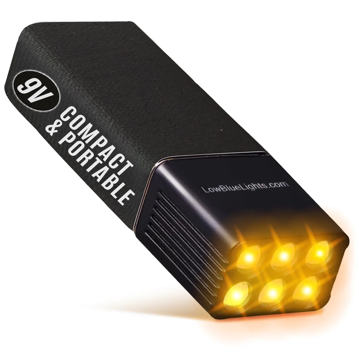 Small blue-blocking amber LED flashlight on 9V battery