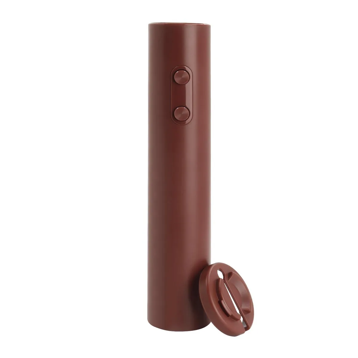 Red electric wine opener with foil cutter, lightweight ABS body, two-button operation