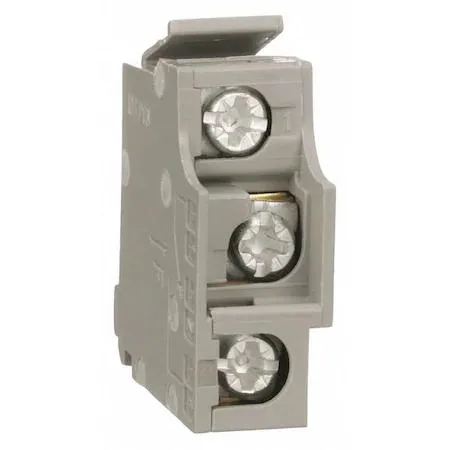 Small rectangular auxiliary switch with black plastic housing and metal terminals