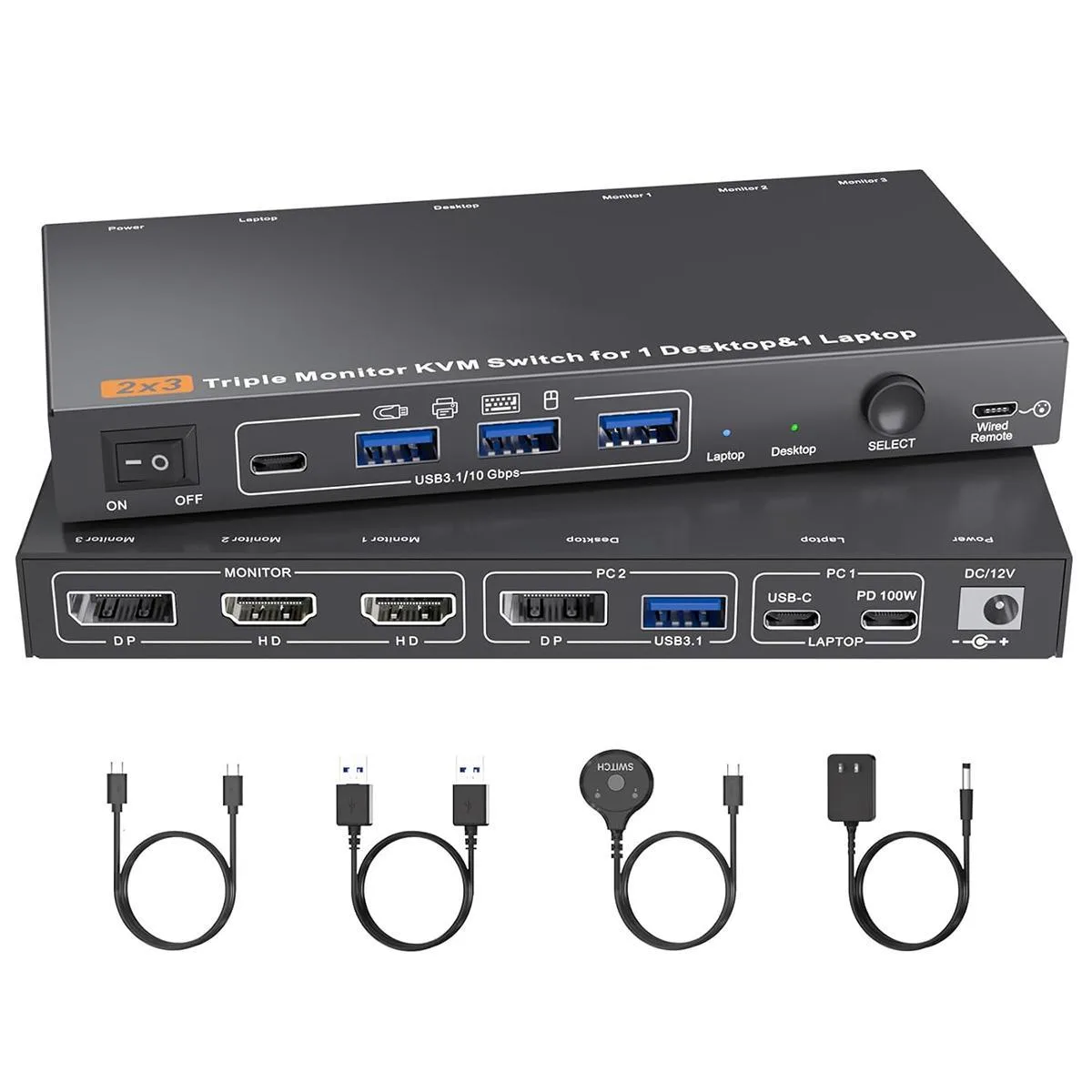 WRIARICH WRIARICH USB C DP Triple Monitor KVM Switch 2 Computers 3 Monitors 4K@60Hz MST — product photo