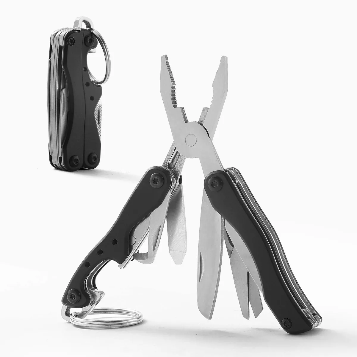 Black stainless steel mini plier multitool, 2.75 x .82 x .51 inches, 11 functions including knife, scissors, screwdrivers