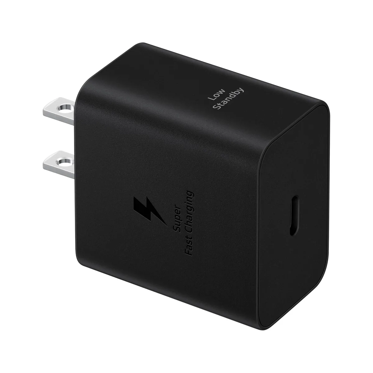 Compact black USB-C wall charger, cube-shaped with matte finish, 1.75 by 1.71 by 1.1 inches