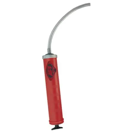 Silver metal fluid transfer gun with double stroke handle and clear vinyl hose attached
