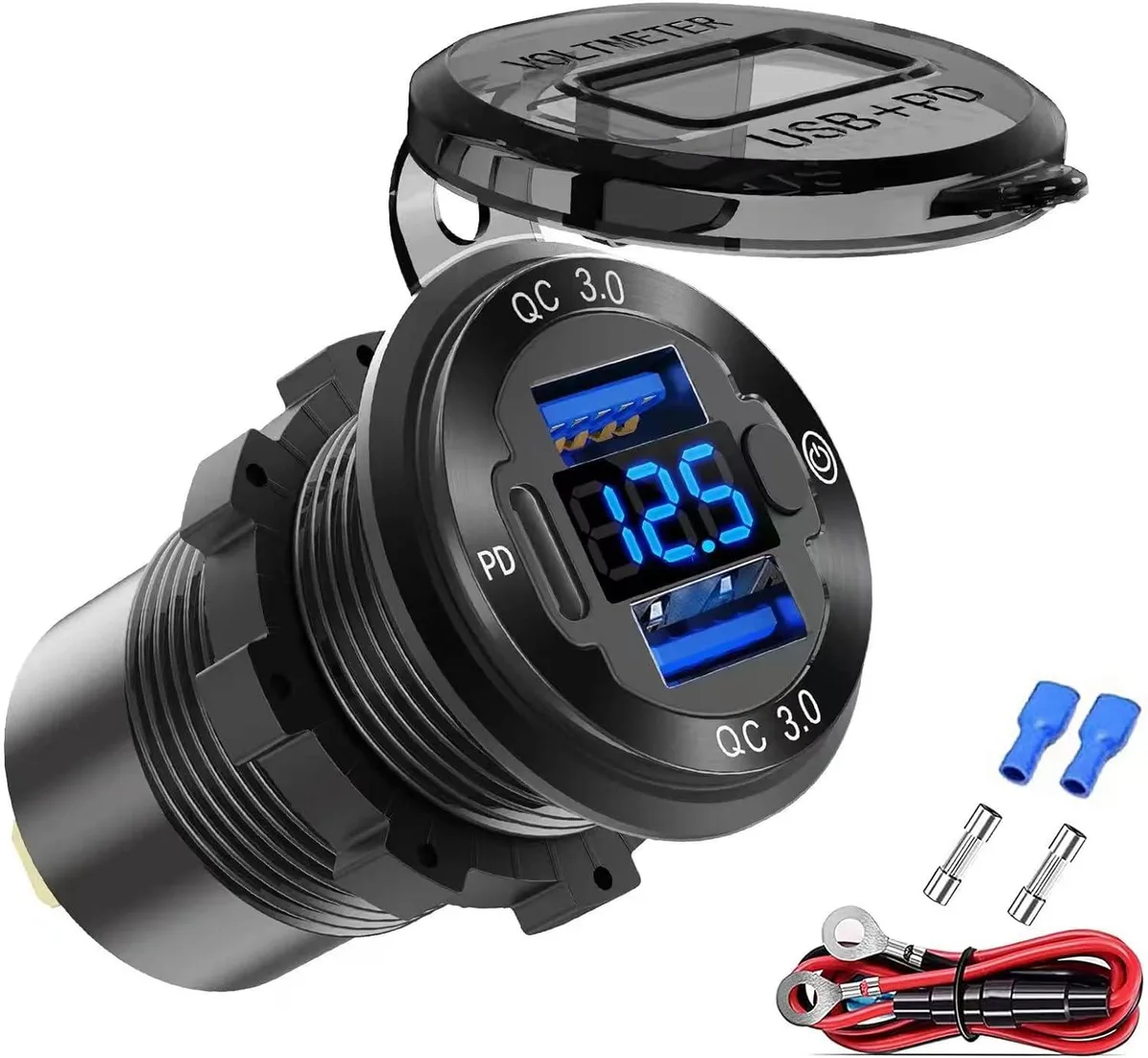RUOCLRIS RUOCLRIS 3-Port 12V/24V Car Charger PD 30W QC 3.0 Voltmeter Switch — product photo