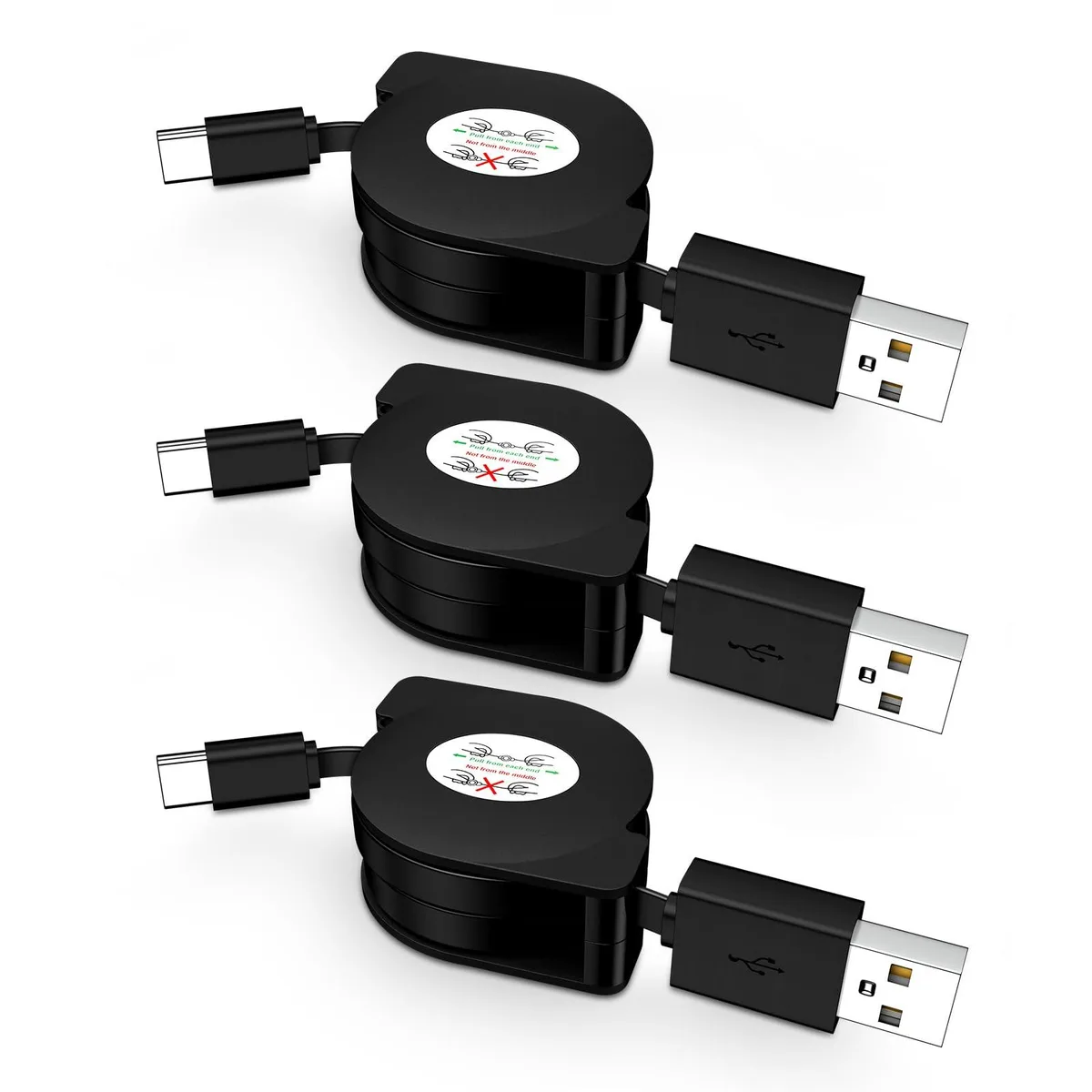 Three black retractable USB-C to USB-A cables coiled compactly