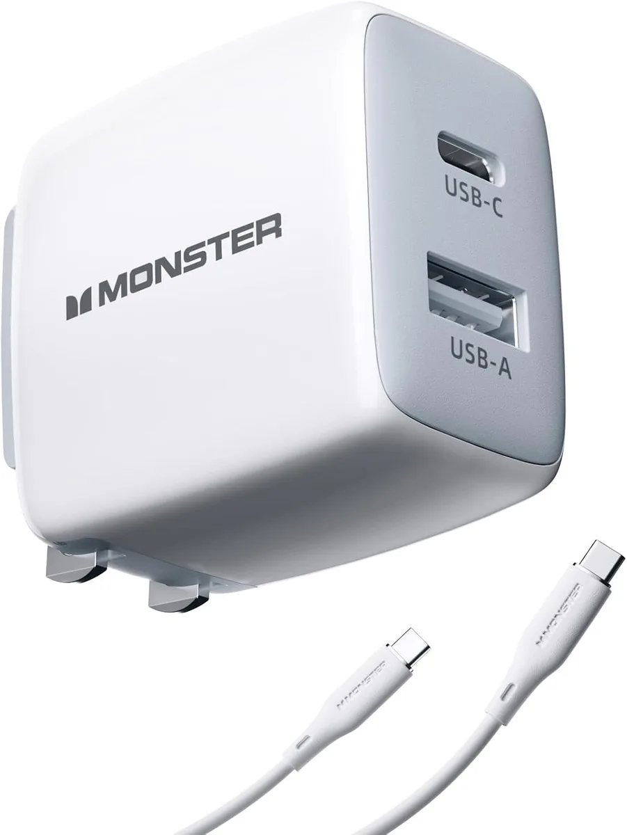 White USB-C wall charger with foldable plug and matching cable