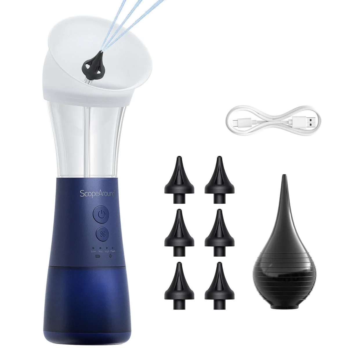Blue electric ear cleaner with integrated water tank and silicone nozzles