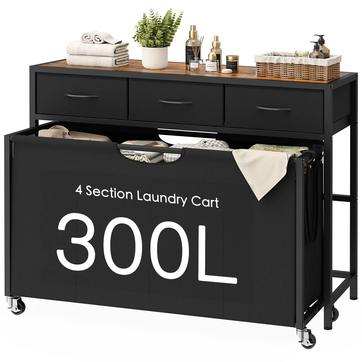 Tall rustic-brown laundry sorter with four pull-out fabric bags, three drawers, MDF top and four wheels