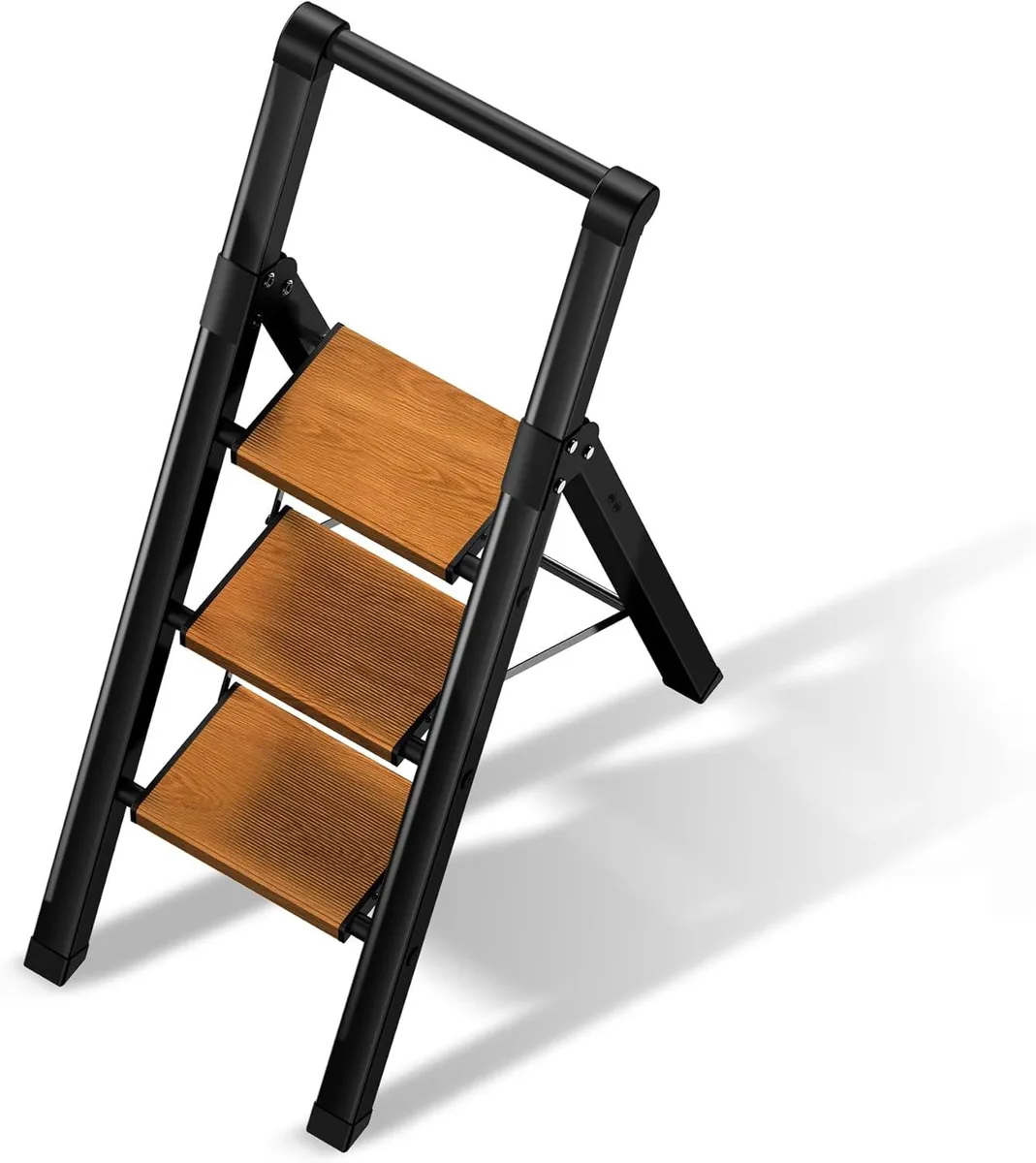 Black three-step folding ladder with woodgrain handgrip and wide anti-slip aluminium pedals