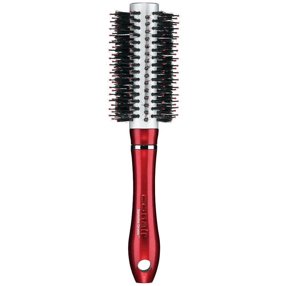 Red medium round brush with porcupine bristles and ceramic barrel