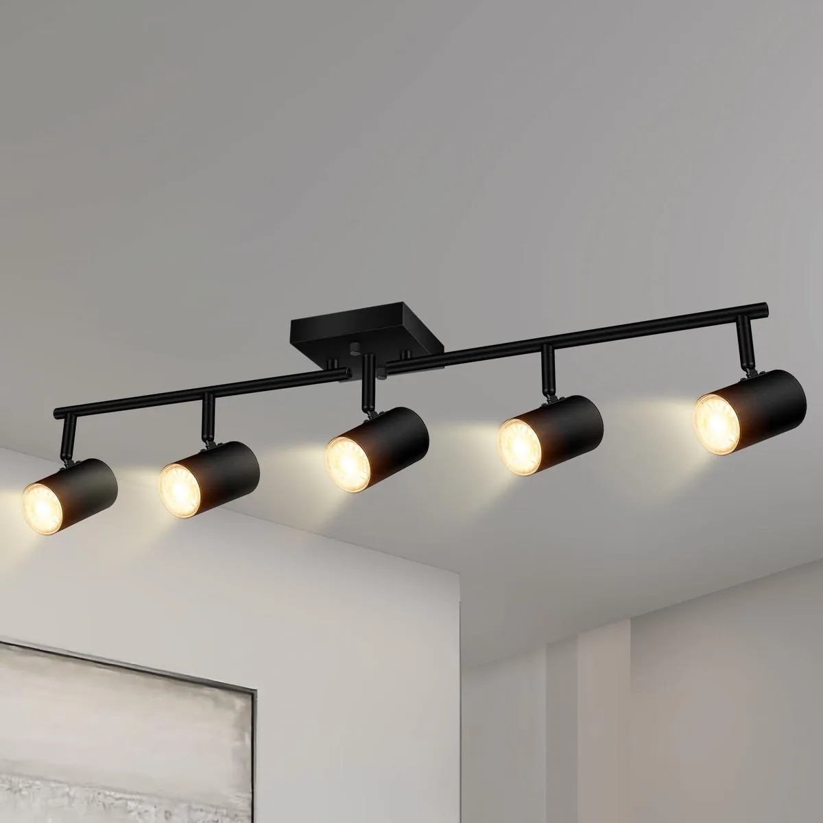 Black five-light track kit with rotatable heads and square canopy
