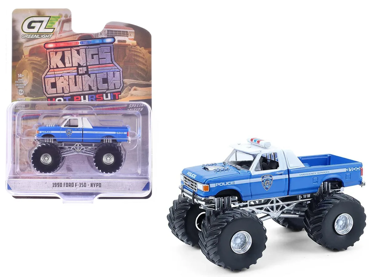GREENLIGHT GREENLIGHT 1990 Ford F-350 Monster Truck NYPD Blue White 1/64 Scale Diecast — product photo