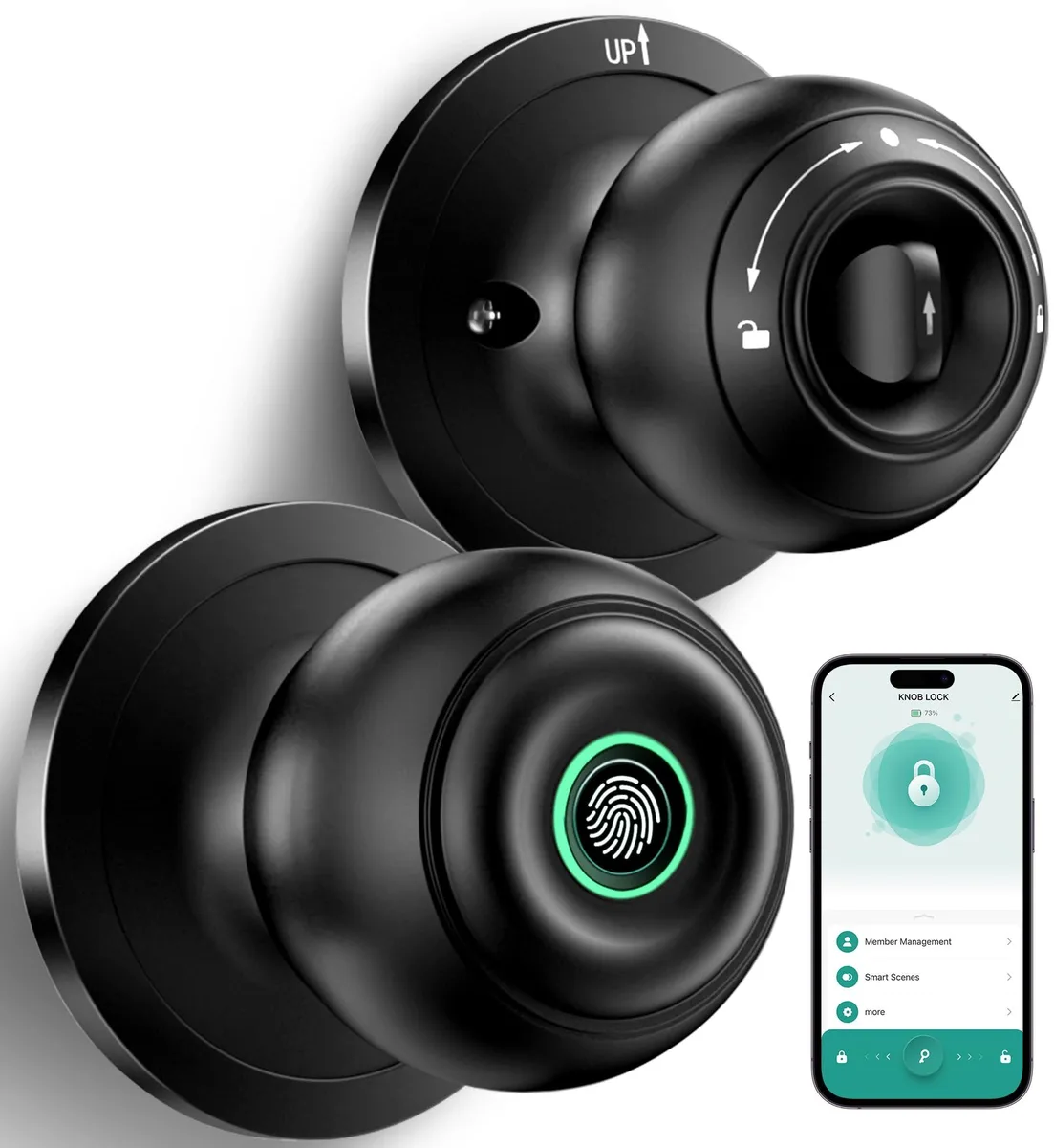Matte black fingerprint door knob, 3.5 in diameter, metal finish