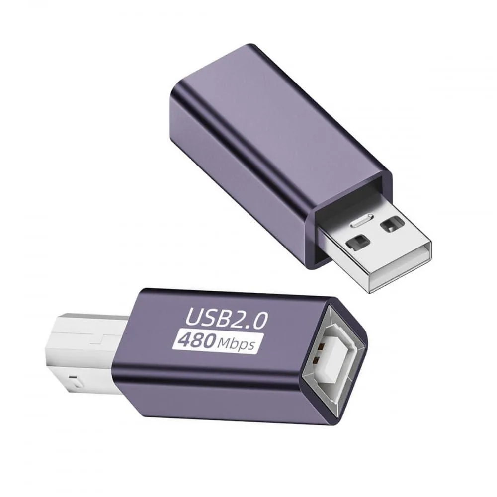 Two USB 2.0 adapters with female B ports and male A or B plugs, nickel connectors, plastic shells
