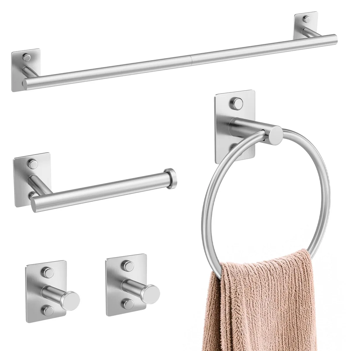 Brushed nickel five-piece bathroom set with 23.6 inch towel bar, ring, paper holder, two hooks