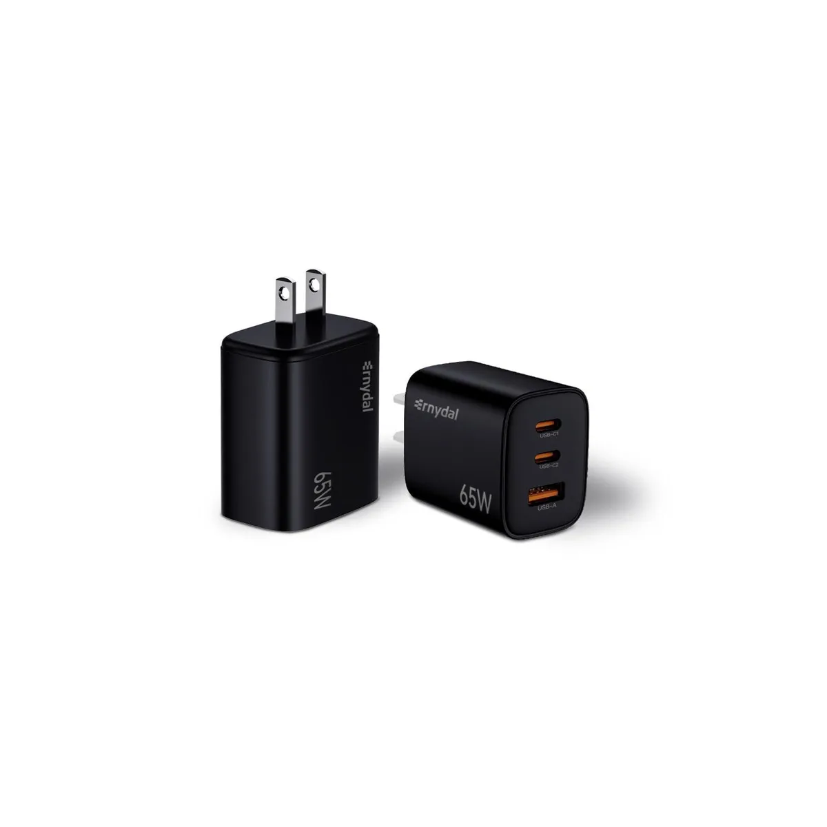 Black rectangular GaN charger with two USB-C ports and one USB-A port