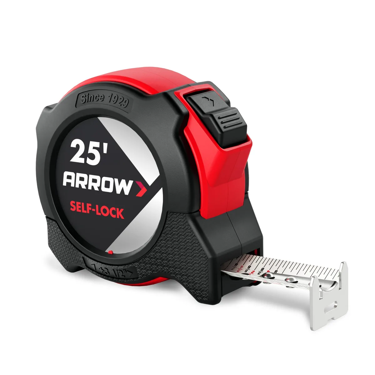 Yellow rubber-cased tape measure with metal belt clip and thumb lock button, 25 ft blade visible
