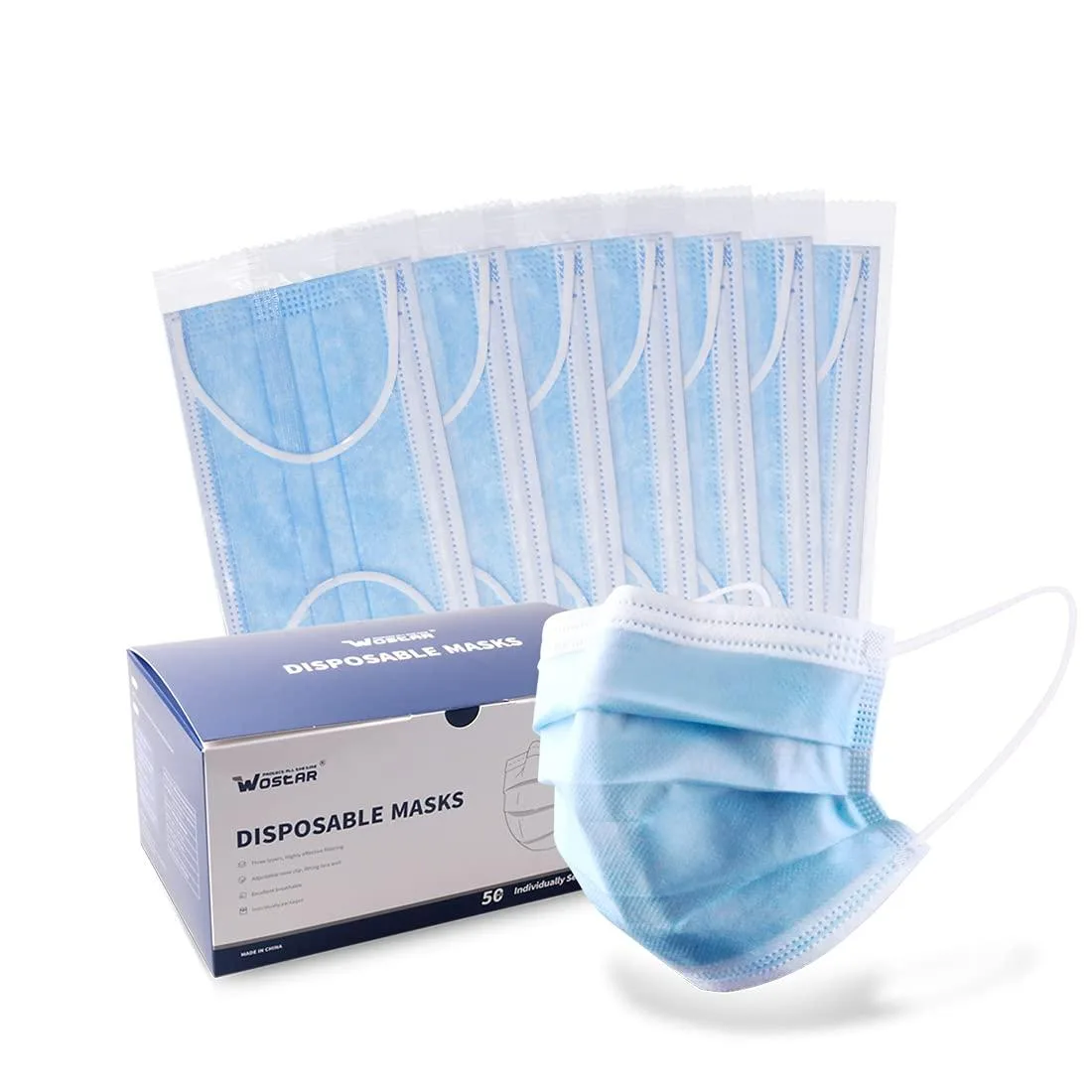 Wostar Disposable Face Masks 50 Pack 3 Ply Blue — product photo