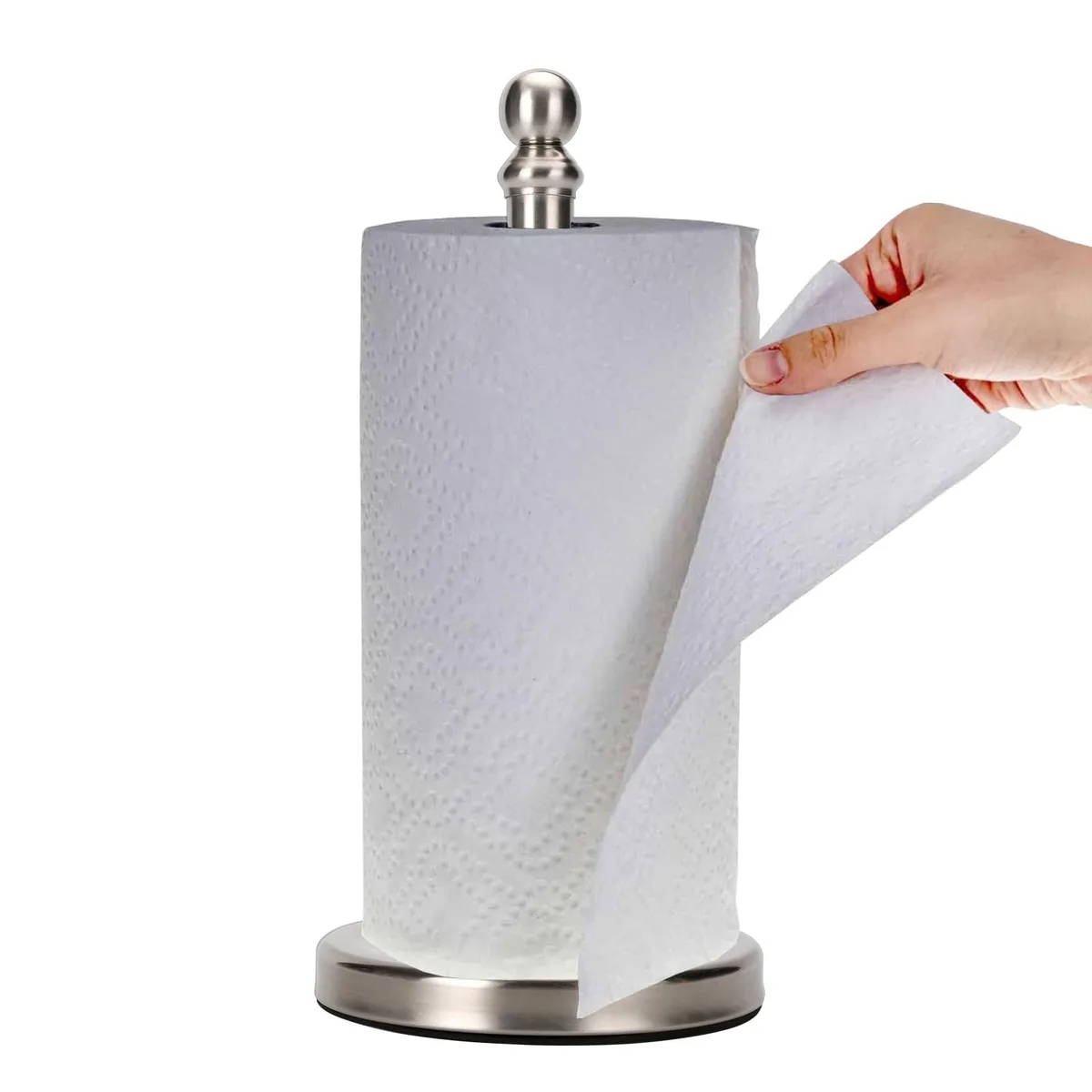 Brushed nickel stainless steel countertop paper towel holder with weighted base and felt pad