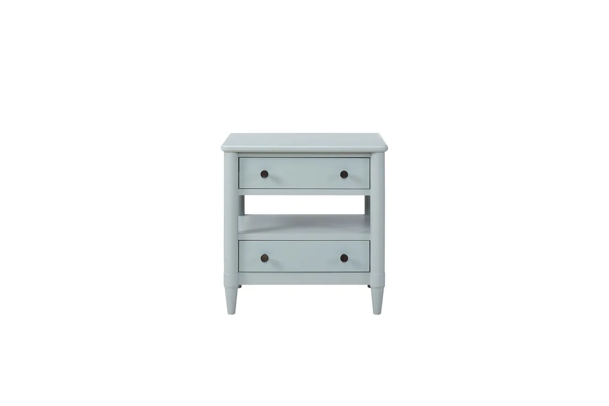 Light blue solid wood and MDF nightstand with two drawers and custom hardware