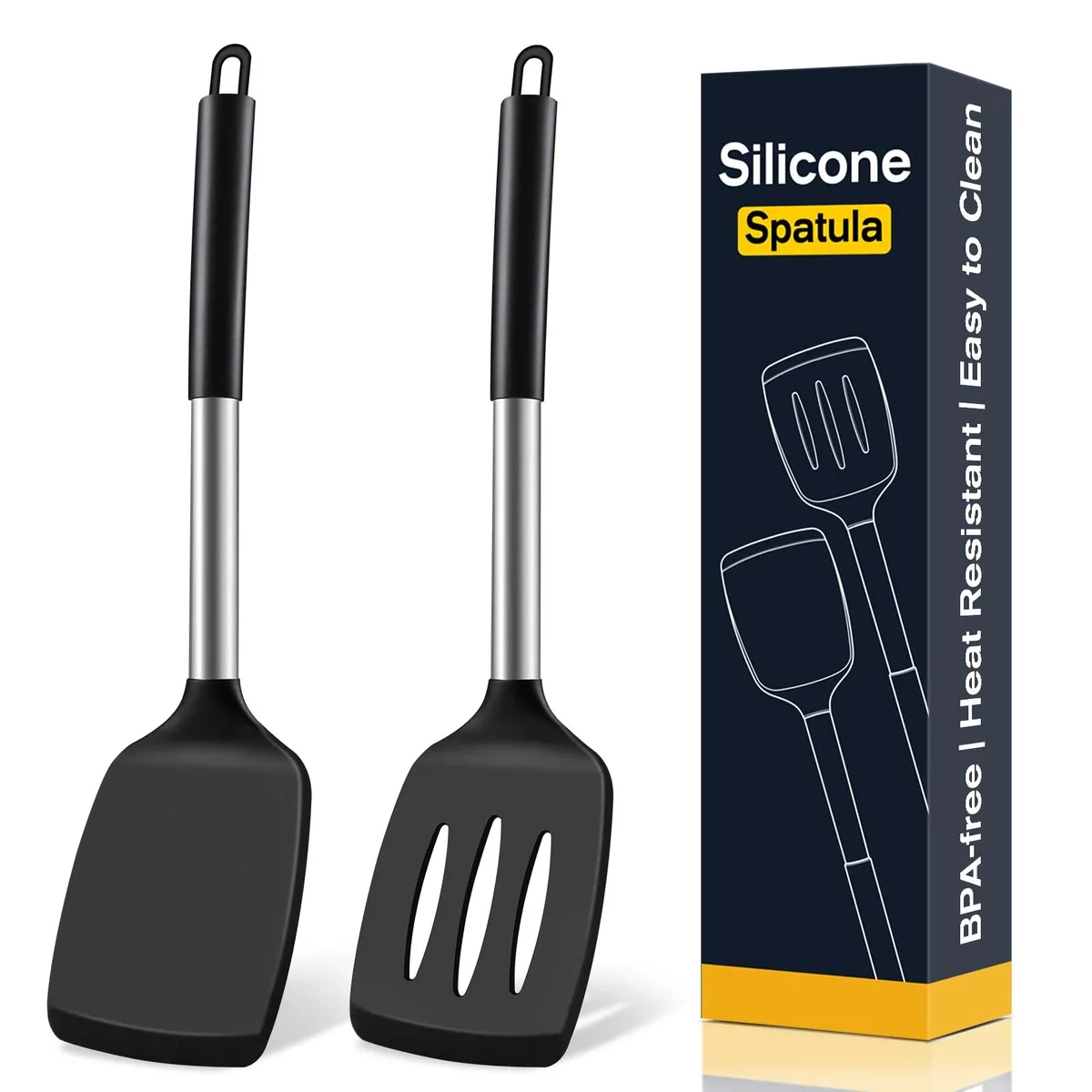 Two black silicone turners, one solid and one slotted, 13.8 inch long with soft-grip handles