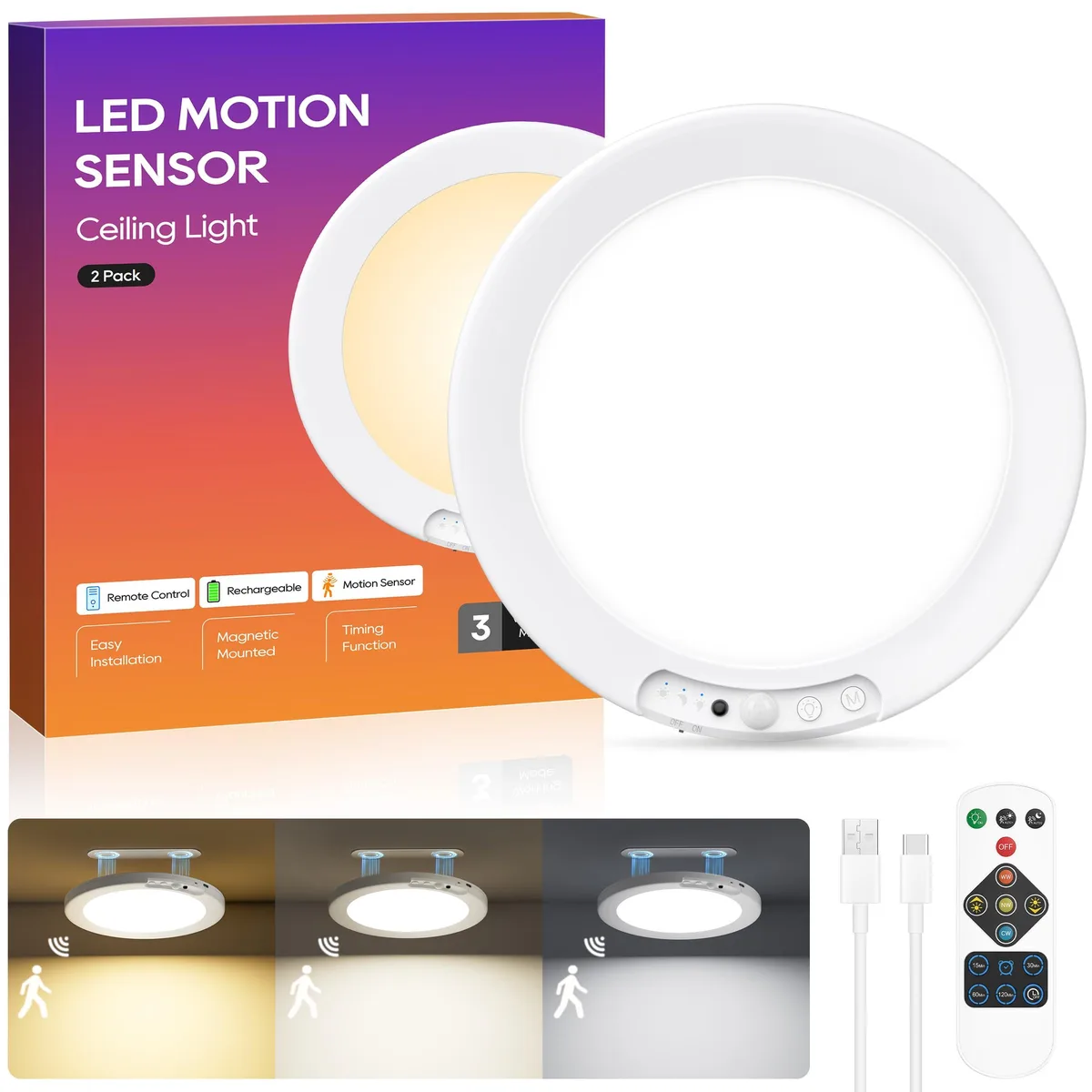 White round magnetic LED ceiling light with clear prismatic diffuser and remote control