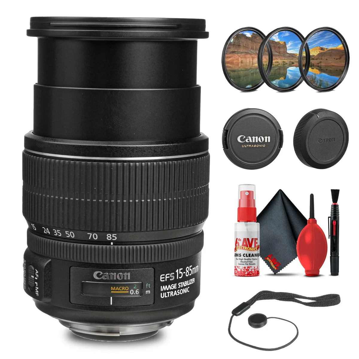 Canon Canon EF-S 15-85mm f/3.5-5.6 IS USM Lens w Filter Kit + Cleaning Kit + Cap Keeper — product photo