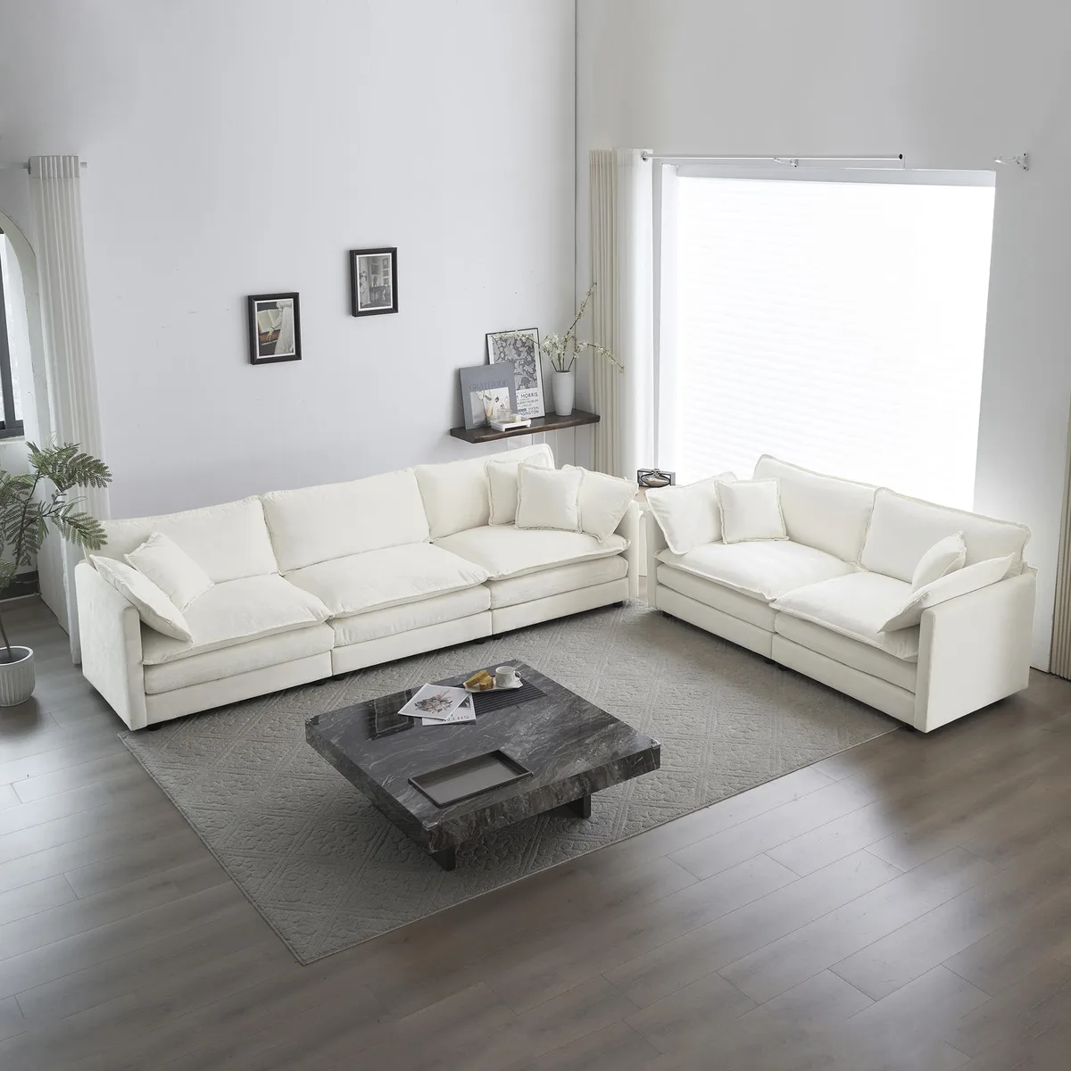 Two-piece white chenille sofa set, 2-seater and 3-seater, modern deep-seat design