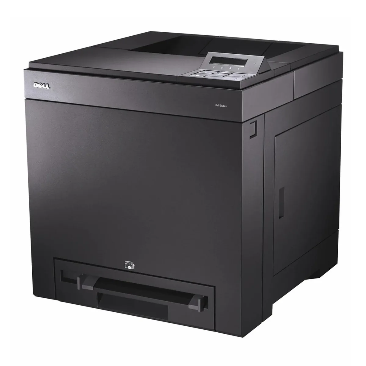 Boxy white office laser printer with front paper tray and control panel