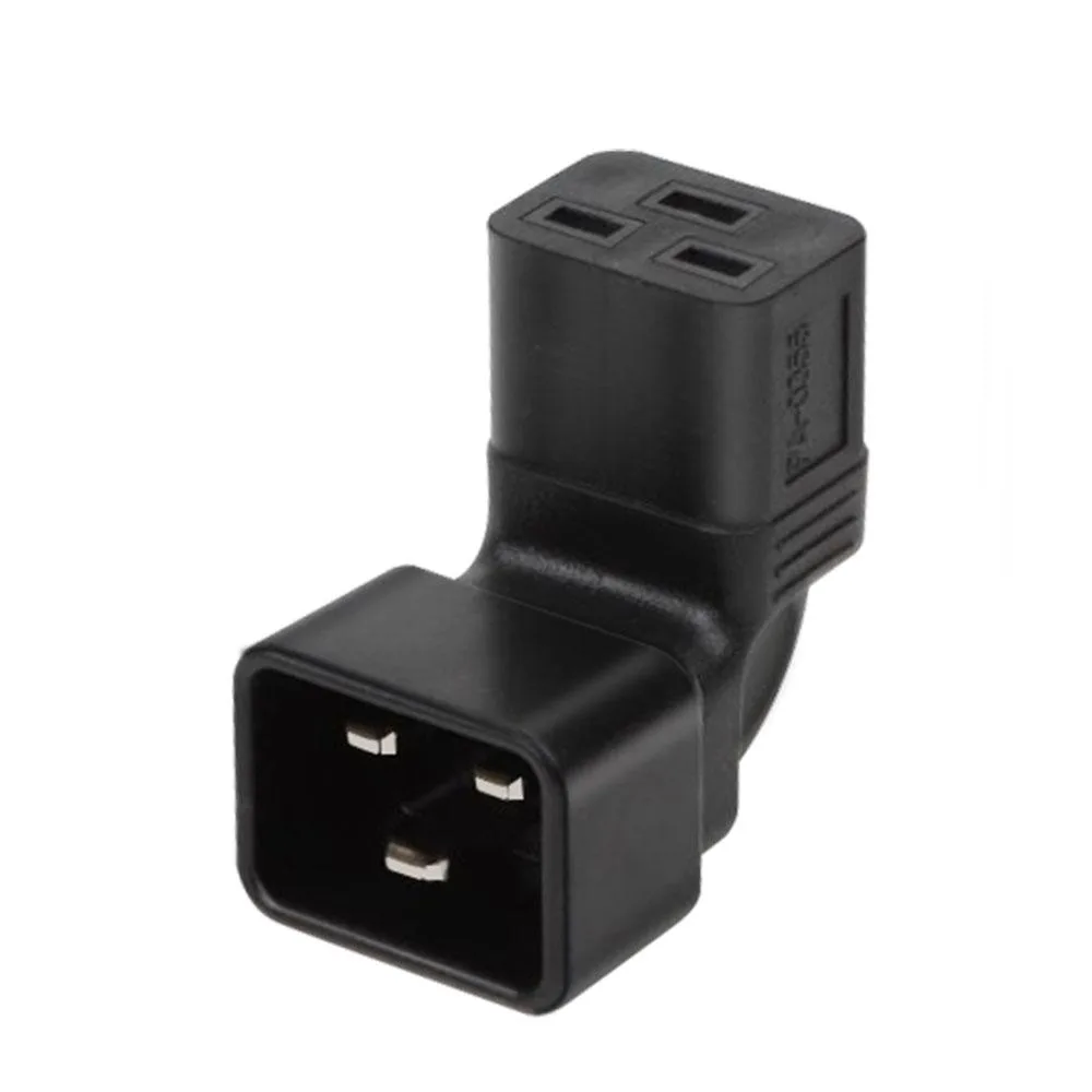 Short black adapter with a straight C20 plug and right-angled C19 socket
