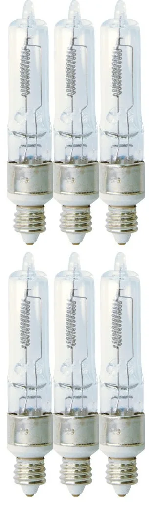 Six clear quartz halogen bulbs, T4 shape, miniature candelabra base
