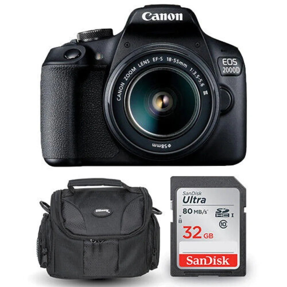 Canon International Canon EOS 2000D Rebel T7 DSLR camera with EF-S 18-55mm III Lens, Sandisk 32GB, Case — product photo