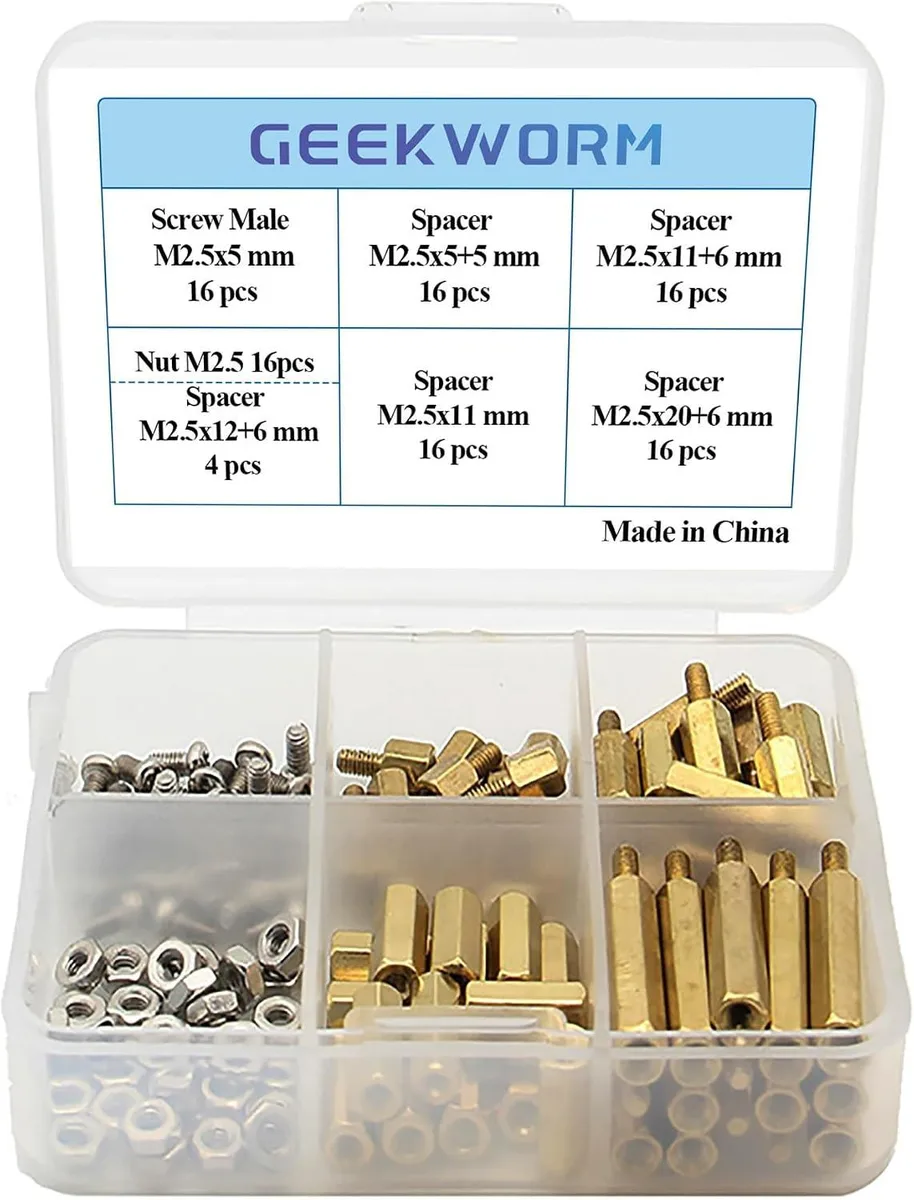 Clear plastic box holding brass hex standoffs, screws and nuts for Raspberry Pi