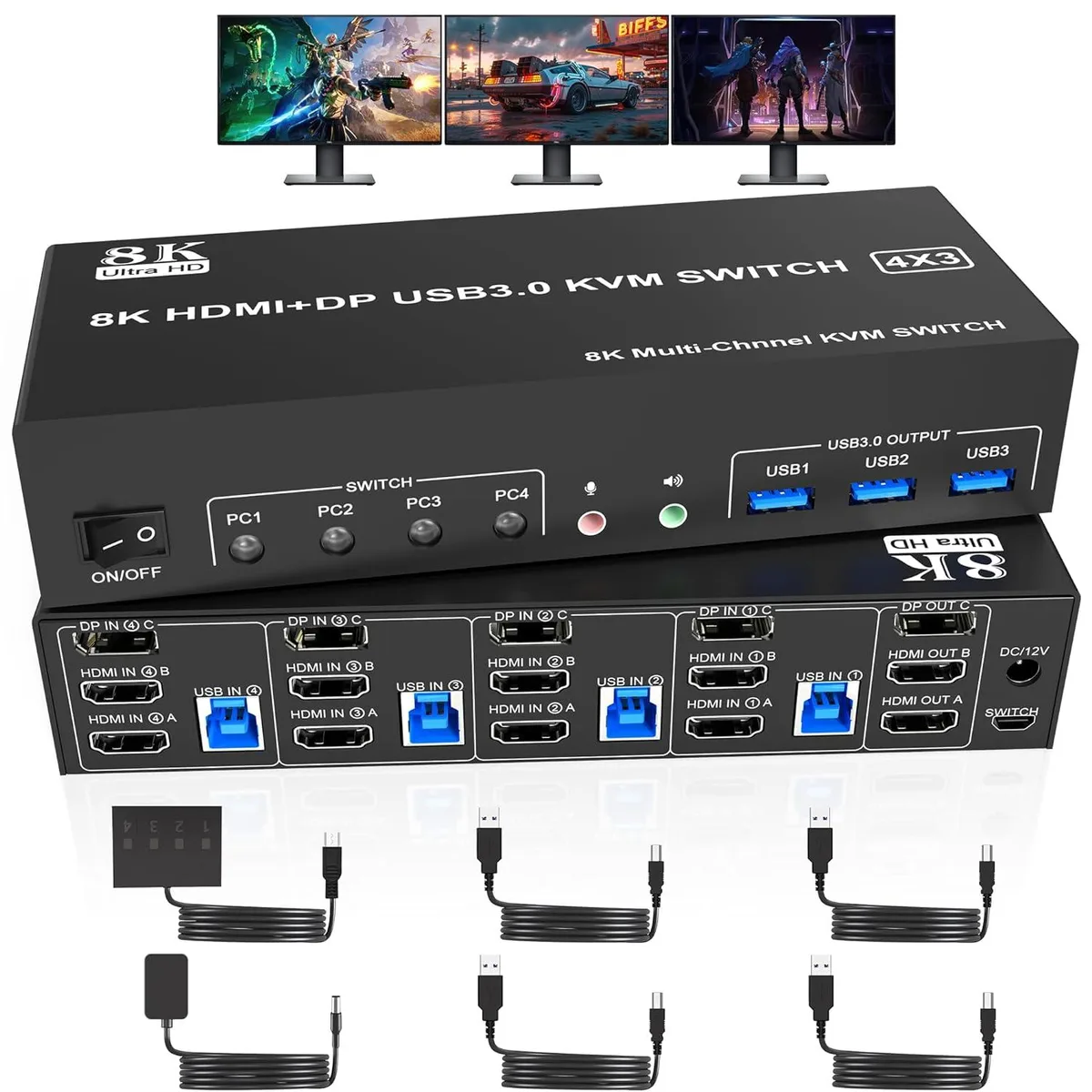 IHDAPP IHDAPP 8K 60Hz 2 HDMI 2.1 DP 1.4 Triple Monitor KVM Switch 4 Computers 3 USB 3.0 Audio Microphone — product photo