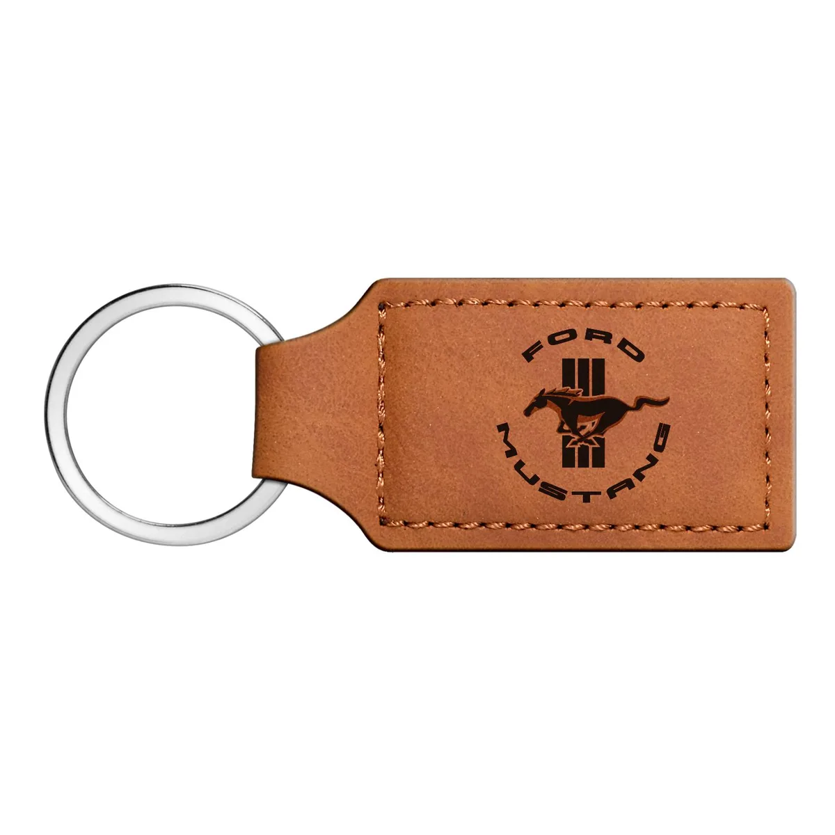 Brown leather rectangular key chain with Ford Mustang circle logo laser etched