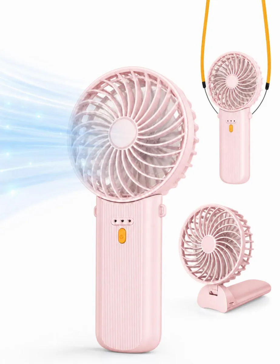 Pink foldable handheld fan with lanyard and adjustable tilt